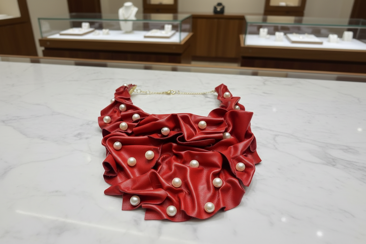 Black Leather Pearl Embellished Bib Necklace Statement Fashion Necklace for Women