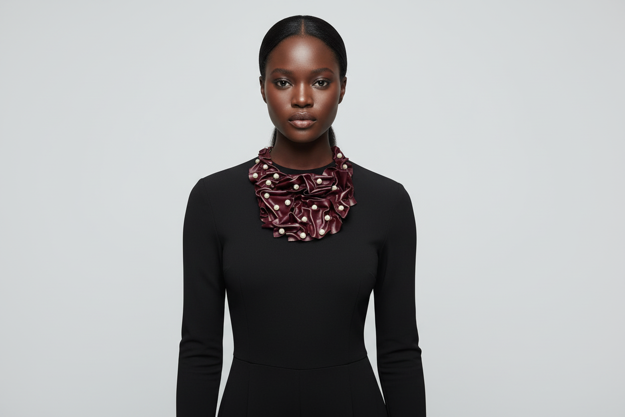 Black Leather Pearl Embellished Bib Necklace Statement Fashion Necklace for Women