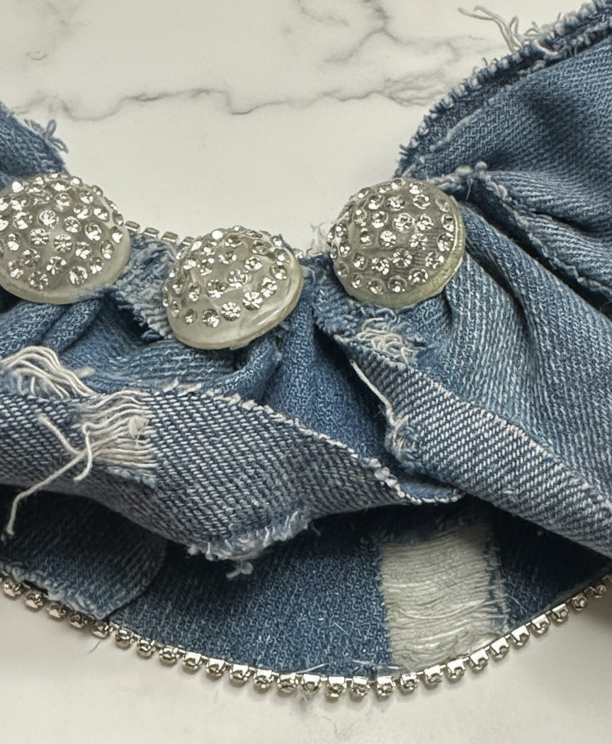 Ruffle Denim Bib Necklace with Rhinestone Buttons