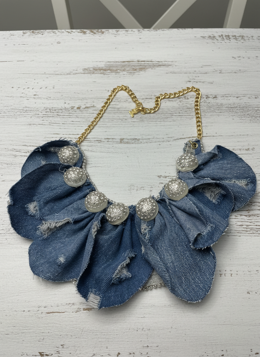 Ruffle Denim Bib Necklace with Rhinestone Buttons