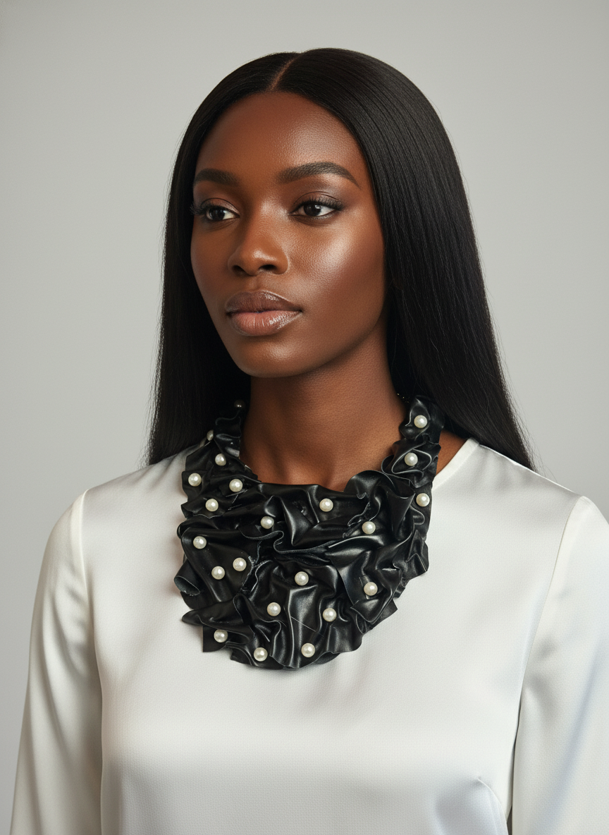 Black Leather Pearl Embellished Bib Necklace Statement Fashion Necklace for Women
