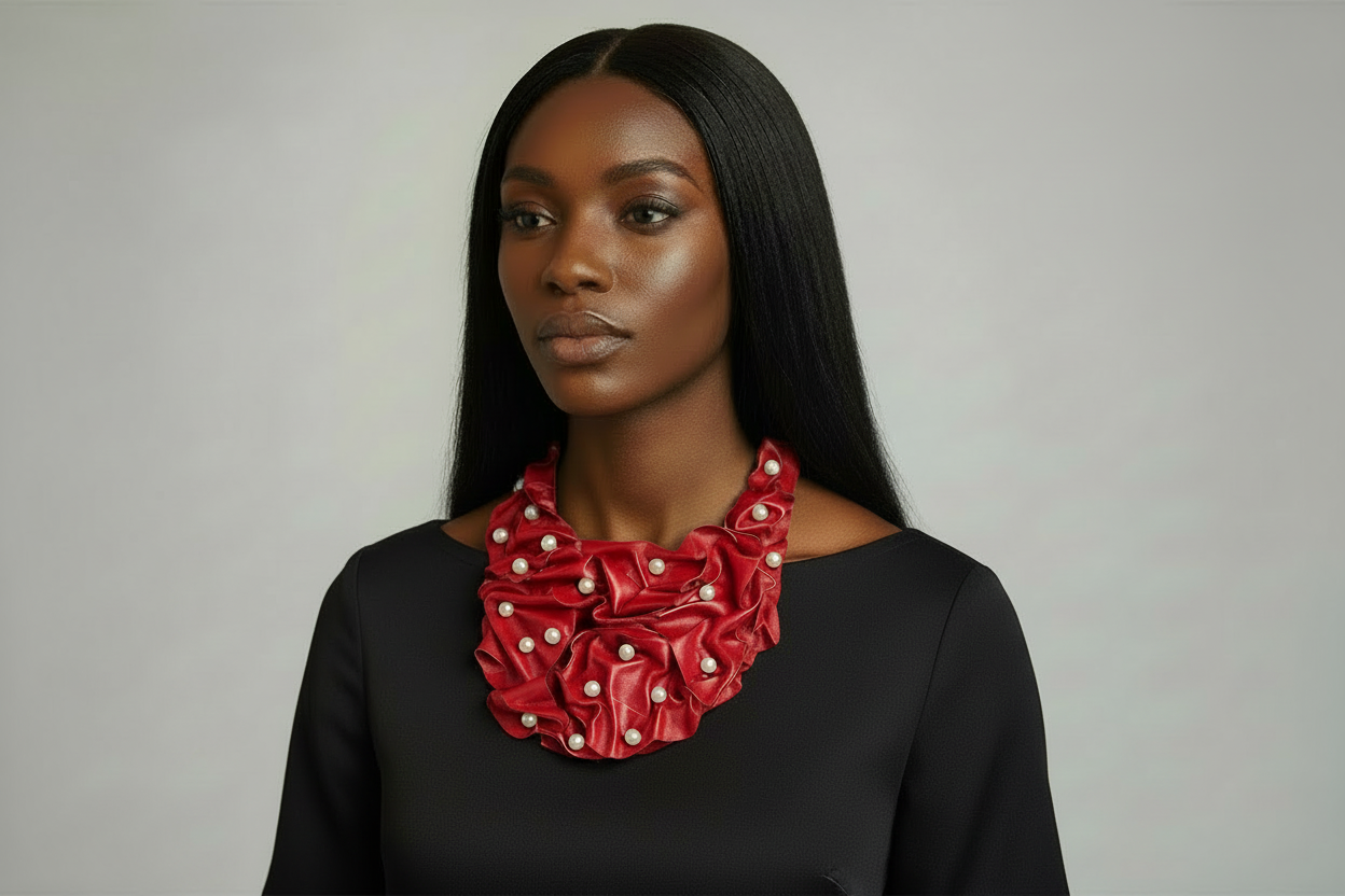 Black Leather Pearl Embellished Bib Necklace Statement Fashion Necklace for Women