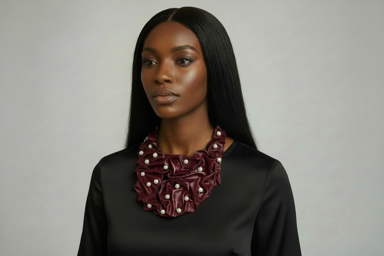 Black Leather Pearl Embellished Bib Necklace Statement Fashion Necklace for Women