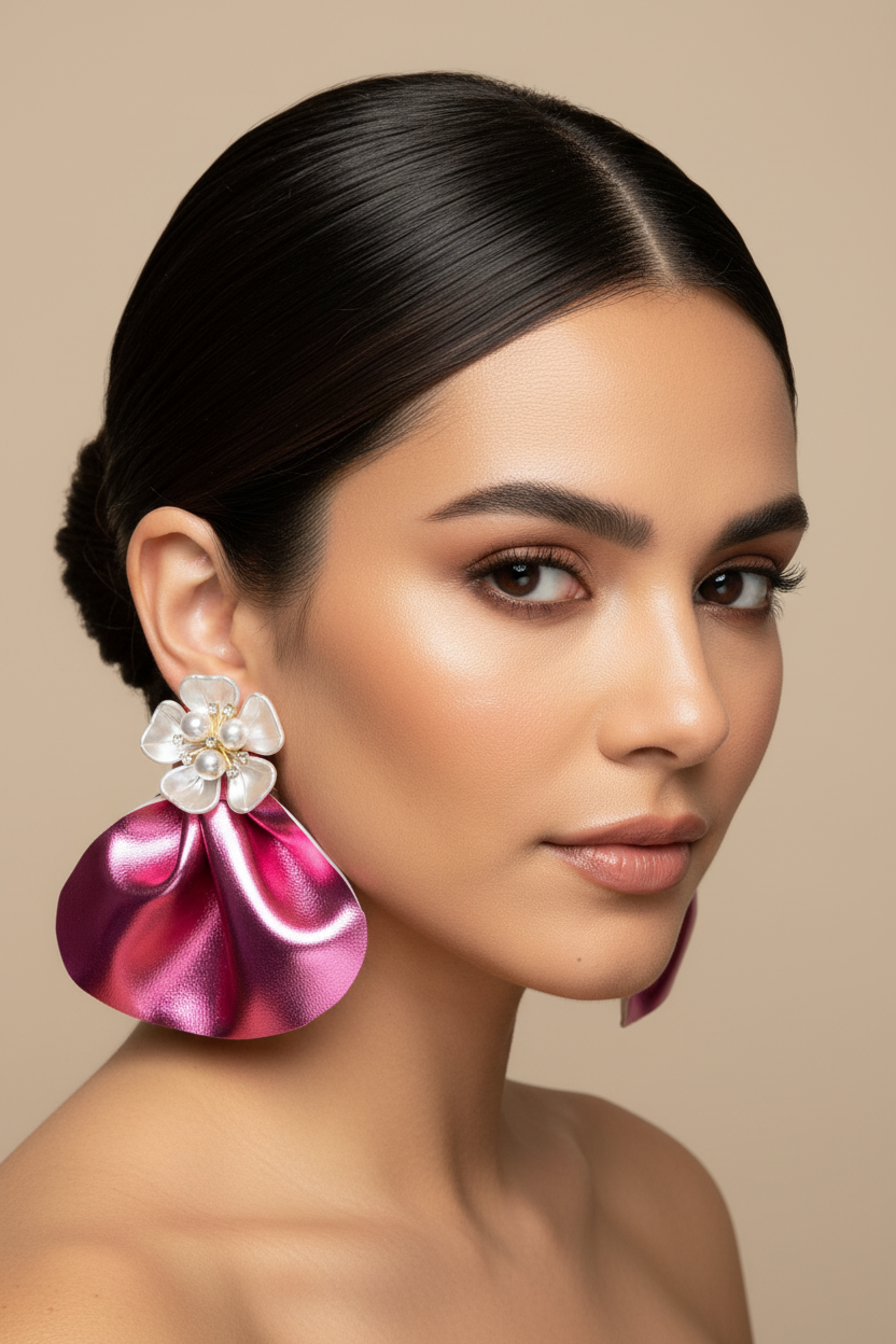 Oversized Pink Earrings with Floral Pearls: Bold Lightweight Handmade Statement Jewelry