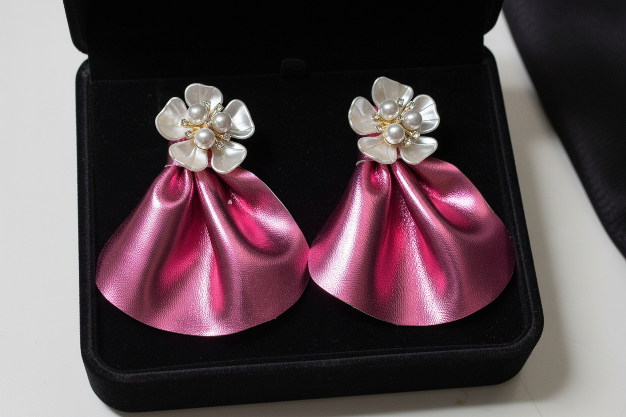 Oversized Pink Earrings with Floral Pearls: Bold Lightweight Handmade Statement Jewelry