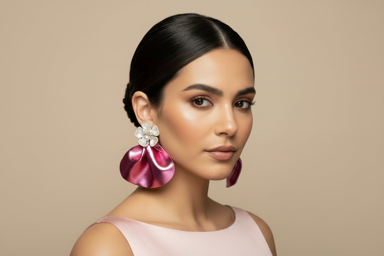 Oversized Pink Earrings with Floral Pearls: Bold Lightweight Handmade Statement Jewelry