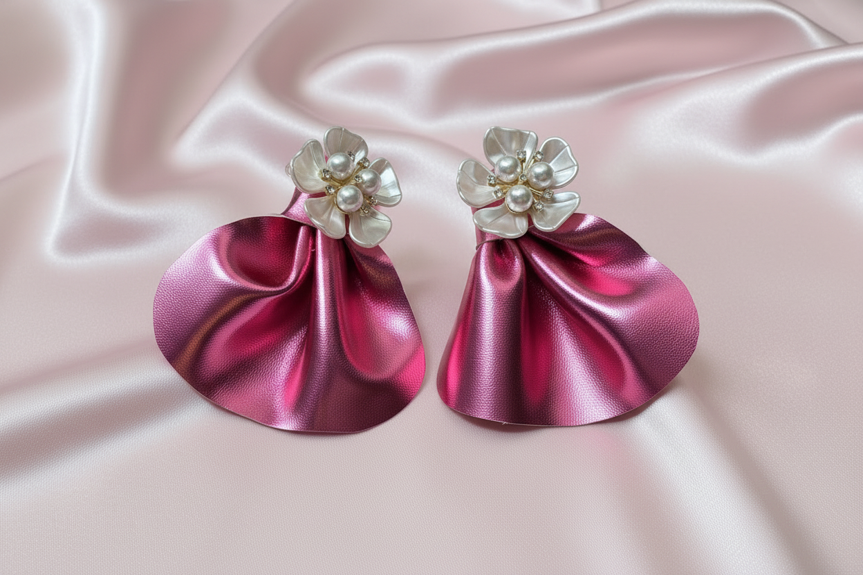 Oversized Pink Earrings with Floral Pearls: Bold Lightweight Handmade Statement Jewelry