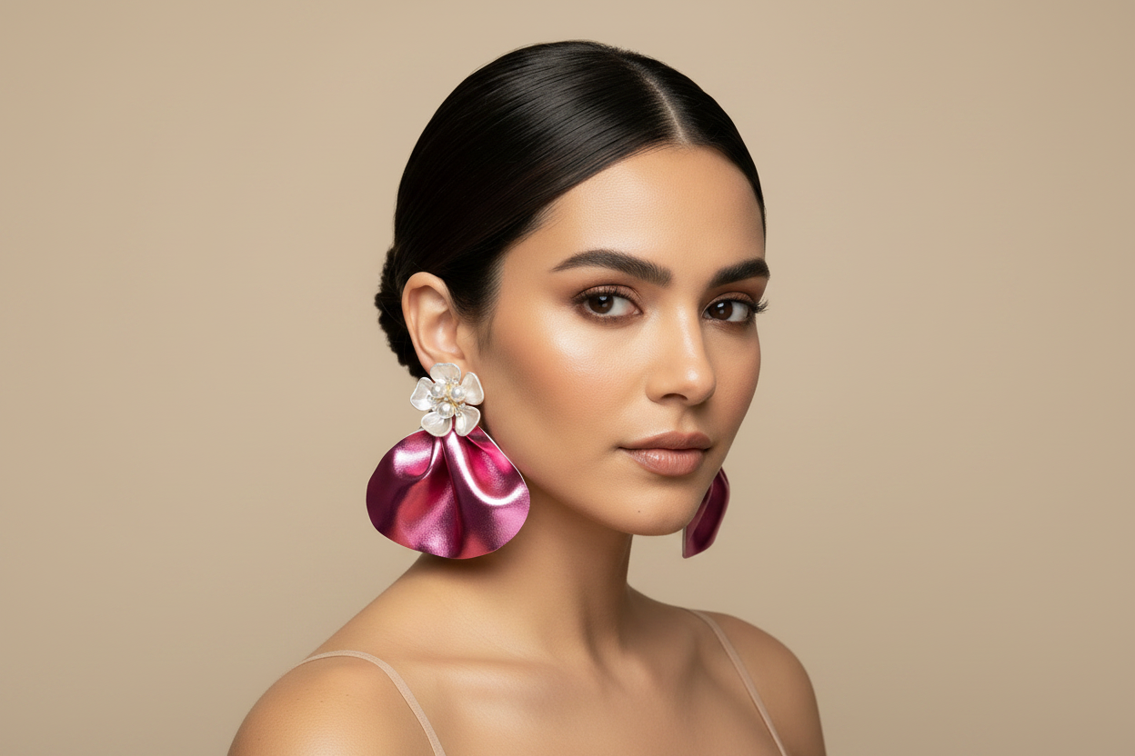 Oversized Pink Earrings with Floral Pearls: Bold Lightweight Handmade Statement Jewelry