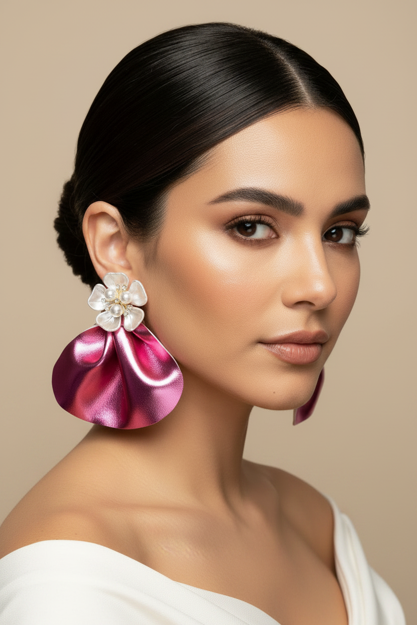 Oversized Pink Earrings with Floral Pearls: Bold Lightweight Handmade Statement Jewelry