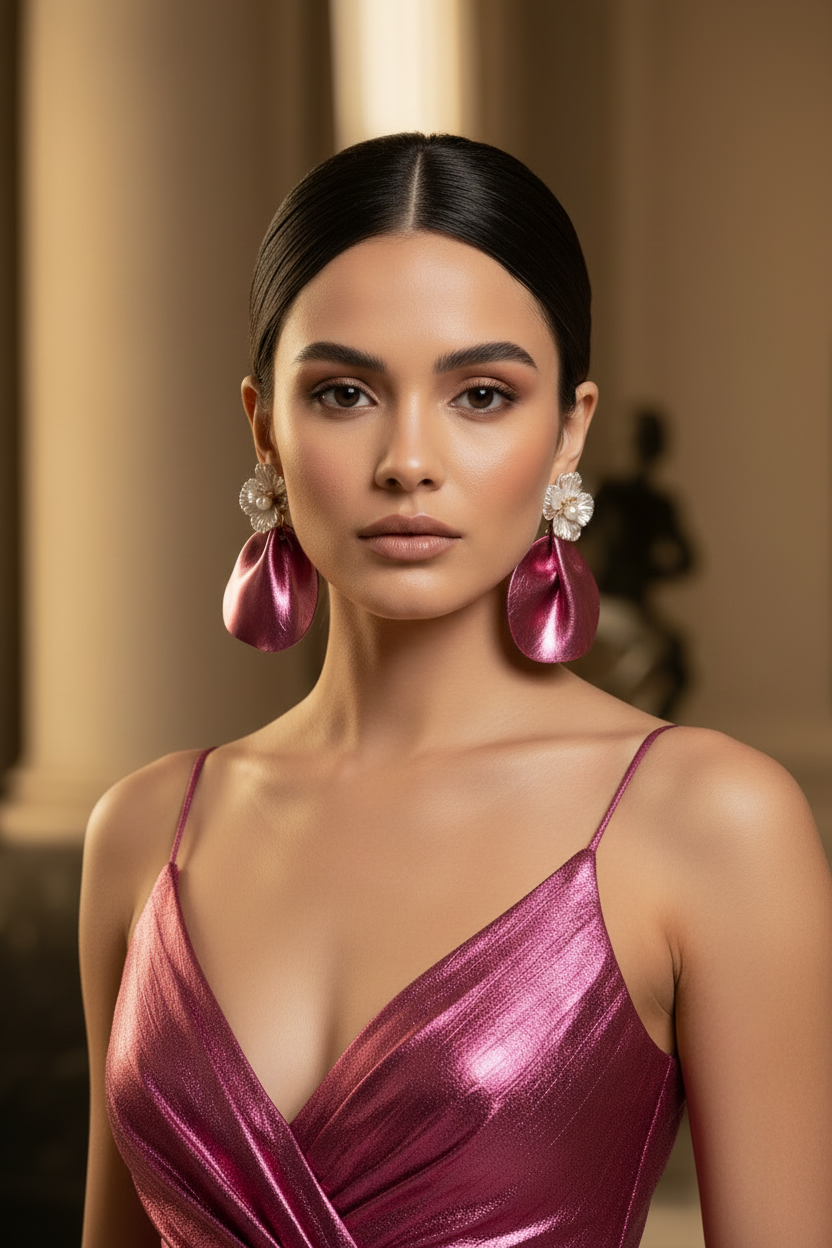 Oversized Pink Earrings with Floral Pearls: Bold Lightweight Handmade Statement Jewelry
