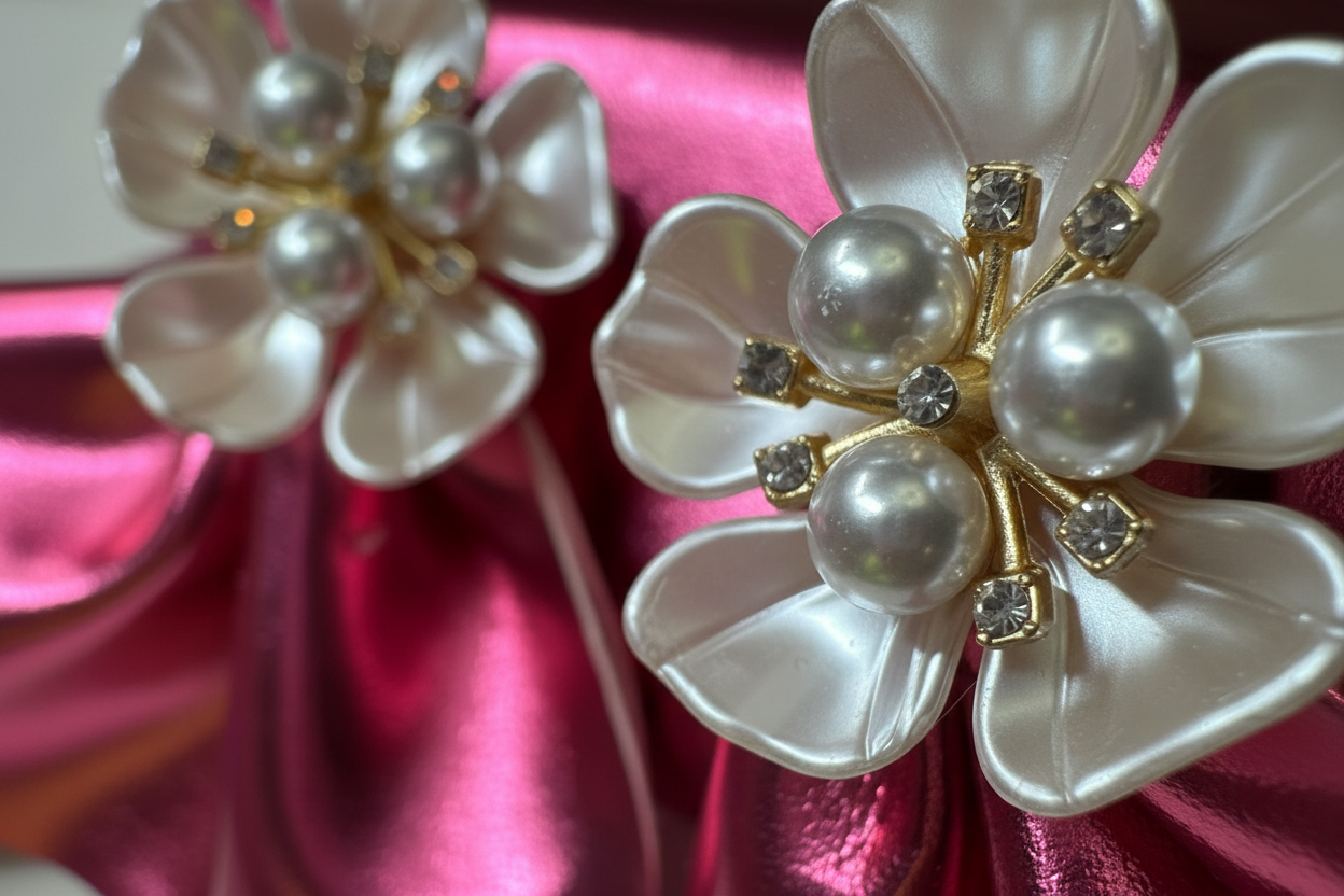 Oversized Pink Earrings with Floral Pearls: Bold Lightweight Handmade Statement Jewelry