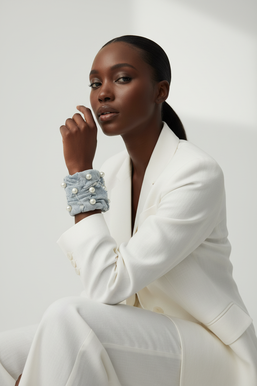 Distressed Chunky Denim Cuff with Pearls | Bold Fashion Statement Bracelet