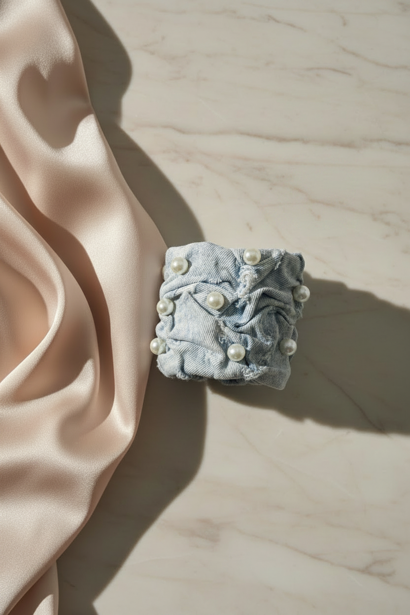 Distressed Chunky Denim Cuff with Pearls | Bold Fashion Statement Bracelet