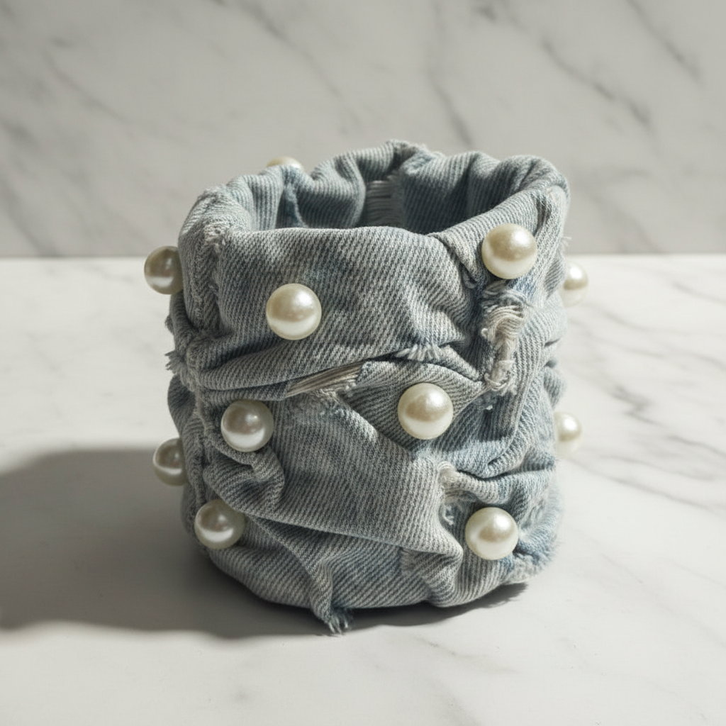 Distressed Chunky Denim Cuff with Pearls | Bold Fashion Statement Bracelet