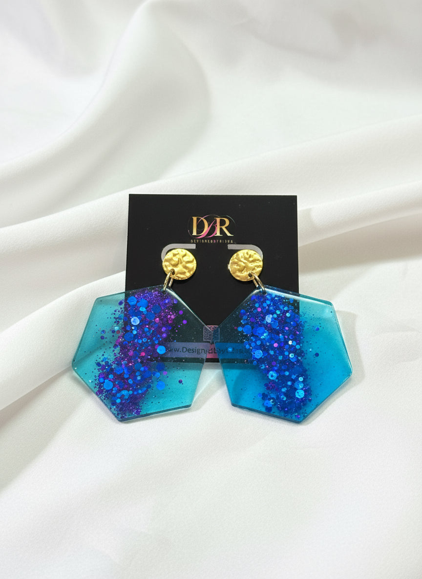 Ocean Galaxy Hexagon Resin Earrings – Blue & Purple Glitter Statement Earrings with Gold Studs | Handmade by DesignedByRisha