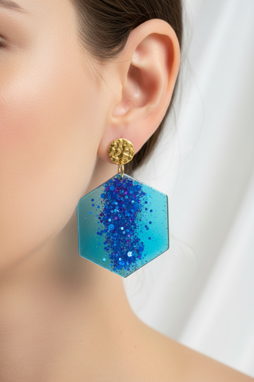 Ocean Galaxy Hexagon Resin Earrings – Blue & Purple Glitter Statement Earrings with Gold Studs | Handmade by DesignedByRisha