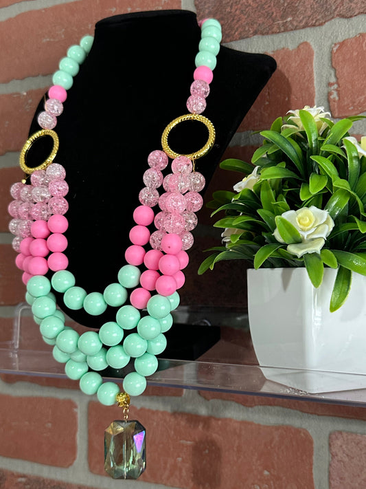 Multi-Layered Pink and Mint Beaded Statement Necklace | Chunky Handmade Jewelry | Colorful Bold Necklace | Gift for Her