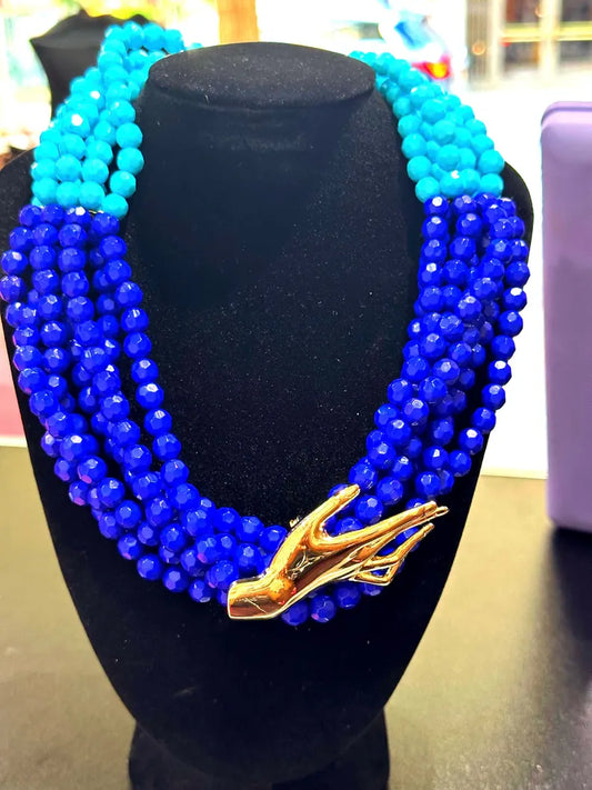 Bold Blue Multi-Strand Statement Necklace with Gold Hand Clasp – Handmade Beaded Choker –  Boho Art Jewelry