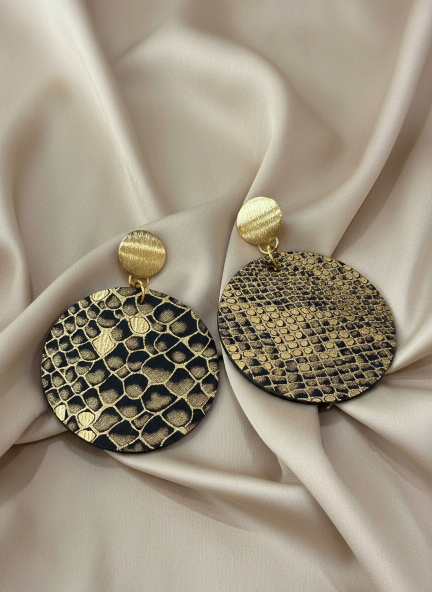 Gold Green Python Upcycled Leather & Wood Earrings