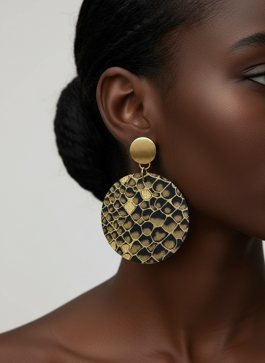 Gold Green Python Upcycled Leather & Wood Earrings