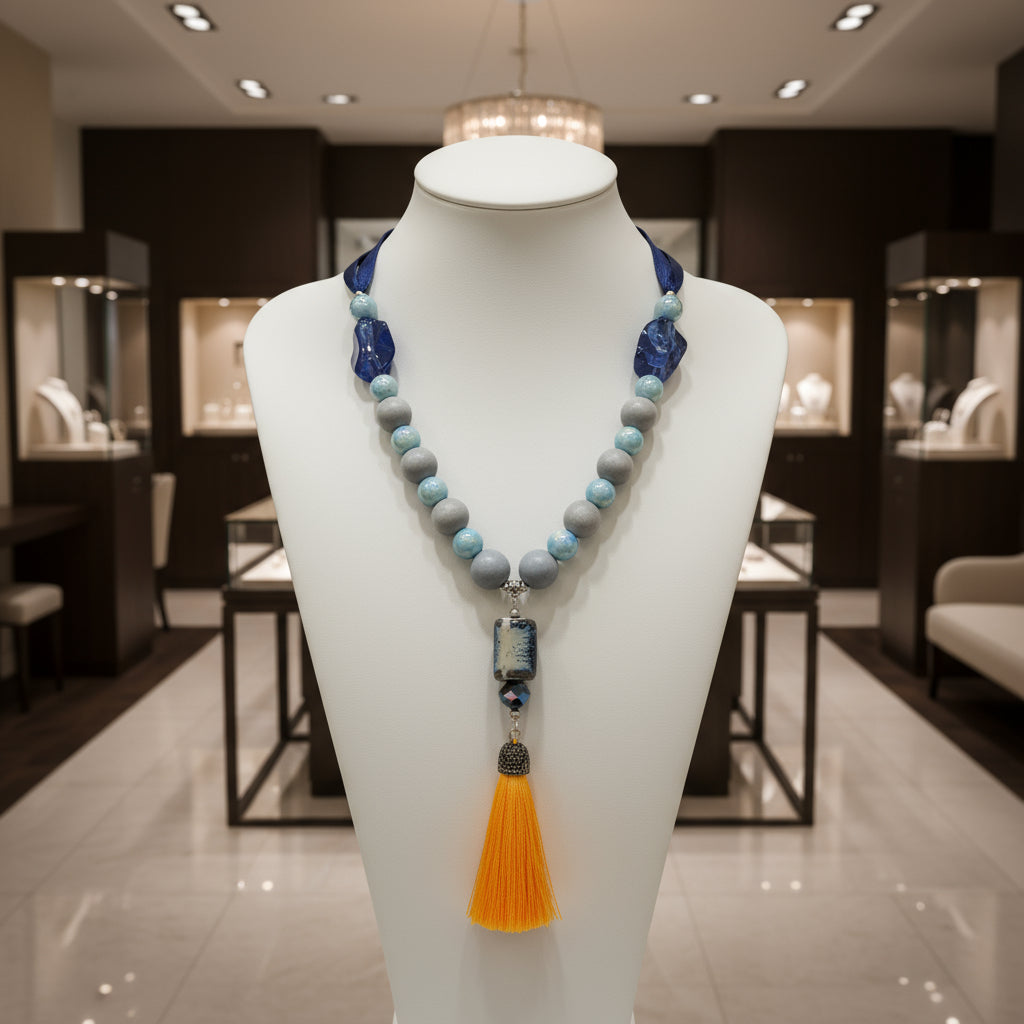 Beaded Tassel Statement Necklace: Grey, Blue & Yellow Fringe