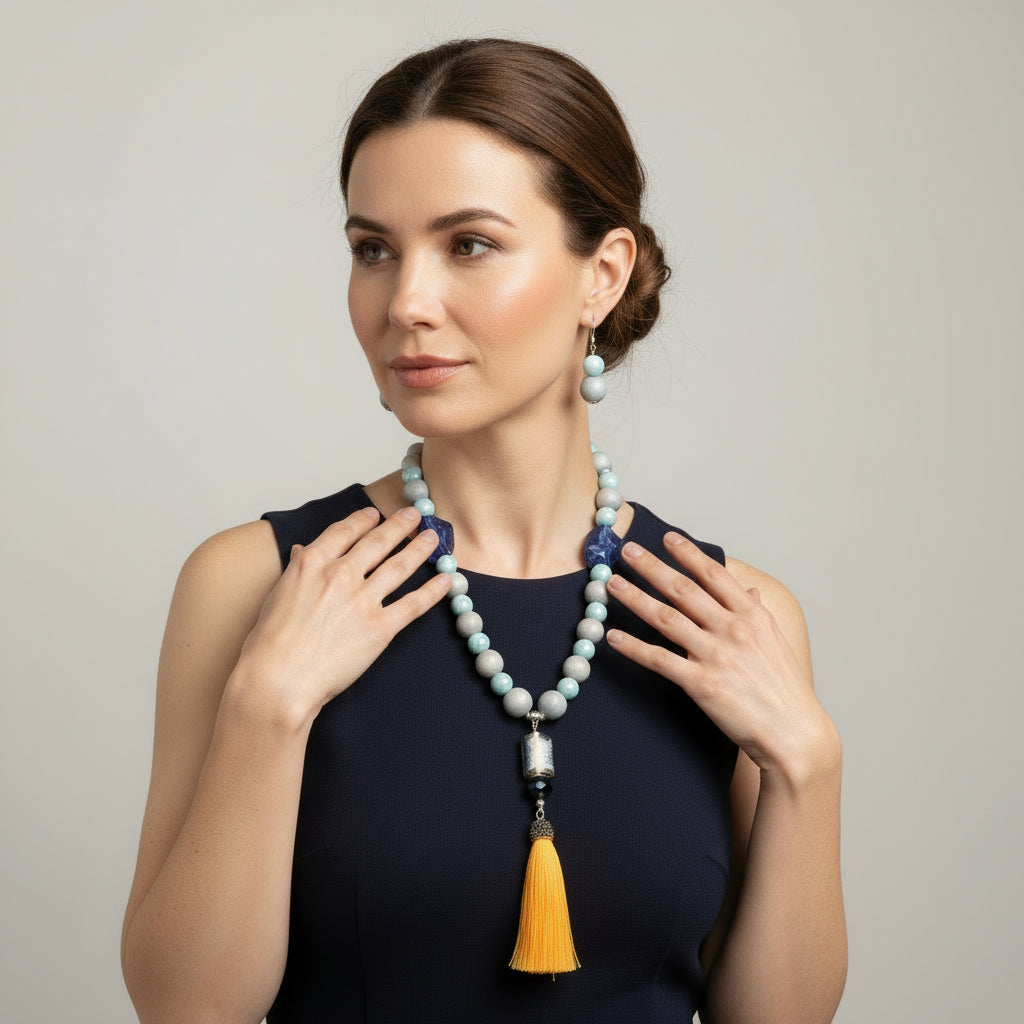 Beaded Tassel Statement Necklace: Grey, Blue & Yellow Fringe