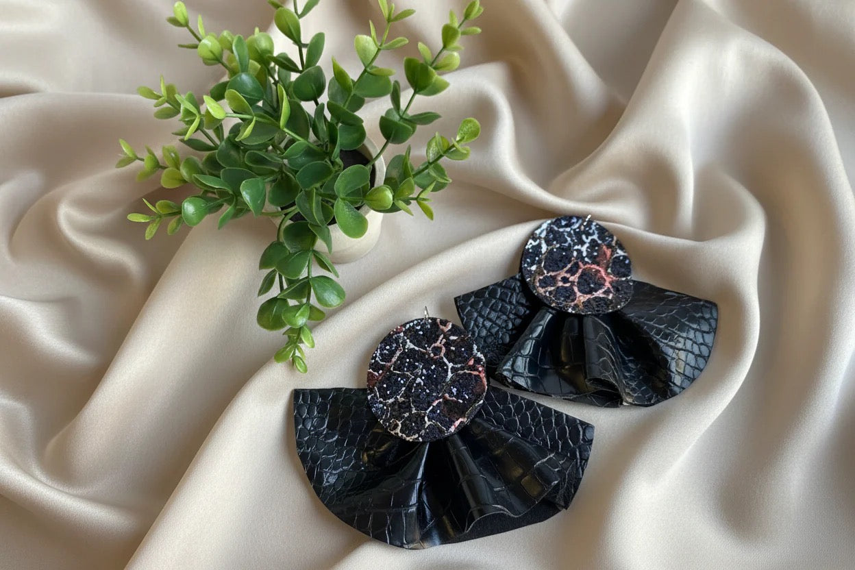 Black Ruffle Faux Leather Overdsized Earrings - Bold Statement Jewelry