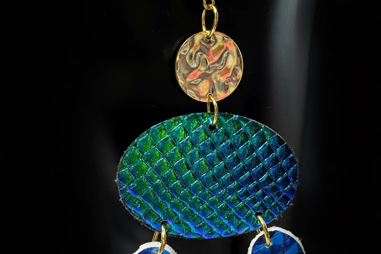 Blue Snakeskin Print Bold Long Statement Spring Earrings