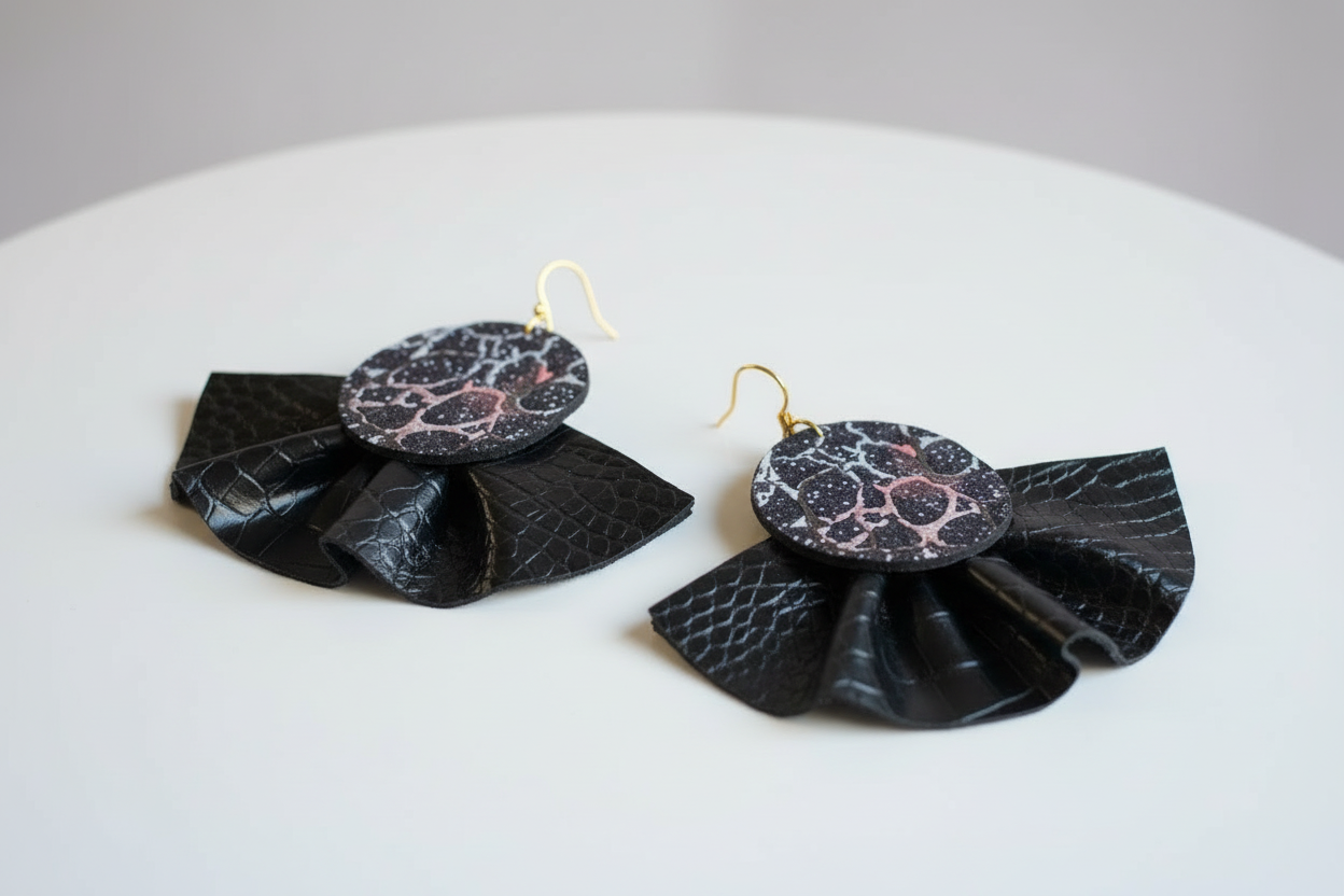 Black Ruffle Faux Leather Overdsized Earrings - Bold Statement Jewelry