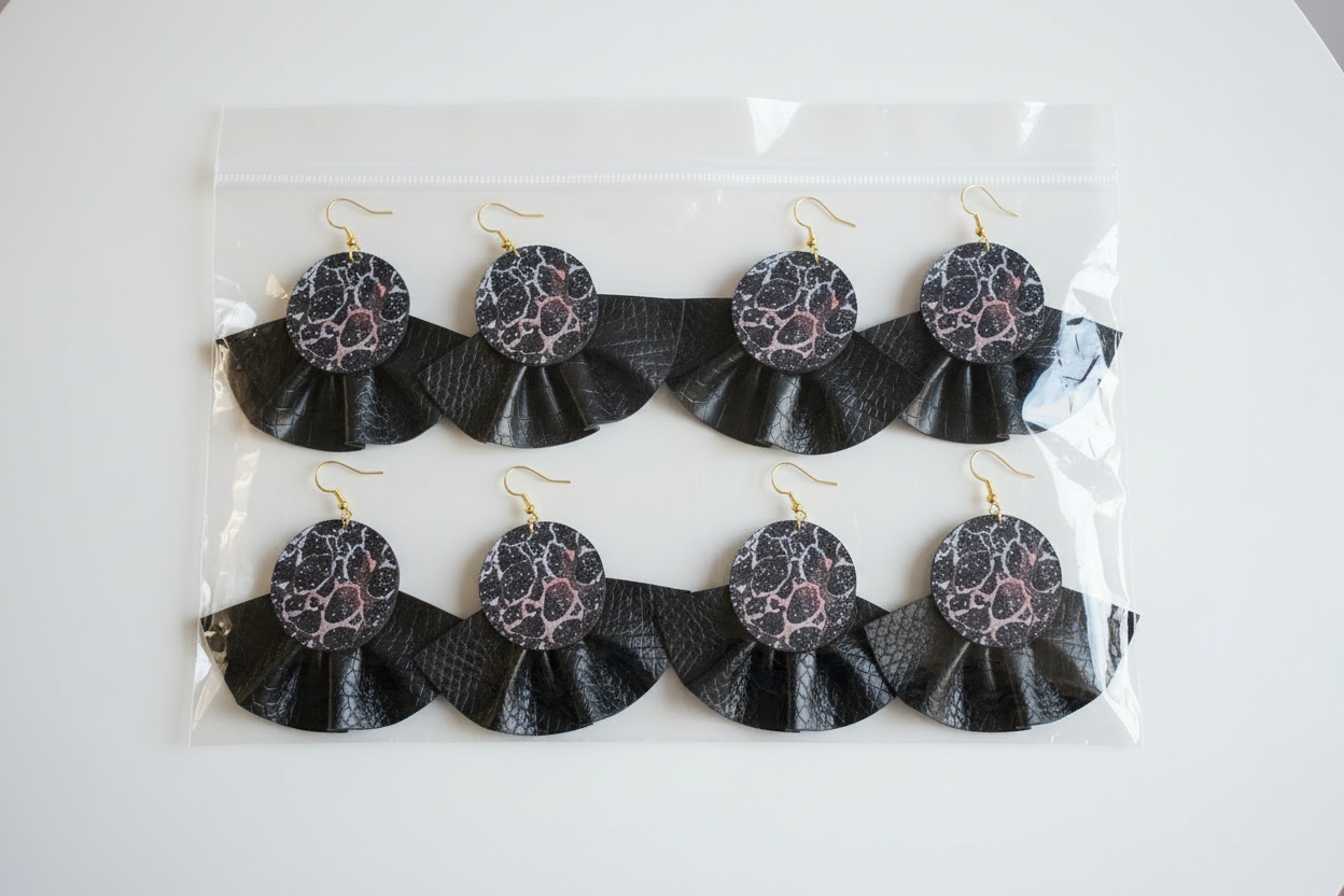 Black Ruffle Faux Leather Overdsized Earrings - Bold Statement Jewelry