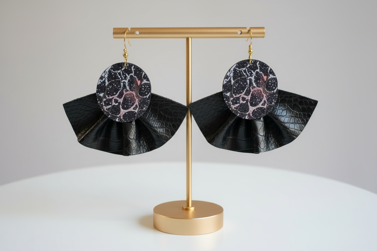 Black Ruffle Faux Leather Overdsized Earrings - Bold Statement Jewelry