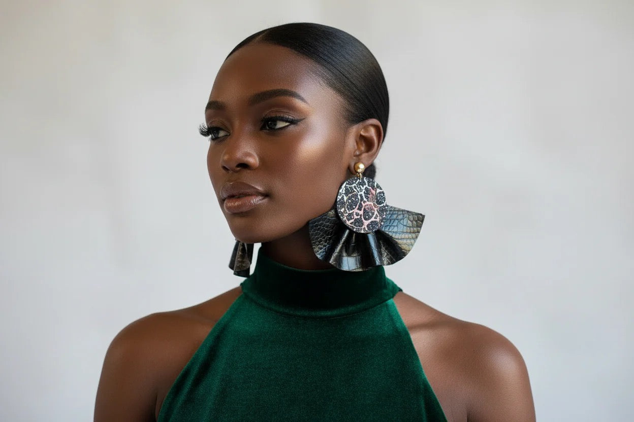 Black Ruffle Faux Leather Overdsized Earrings - Bold Statement Jewelry