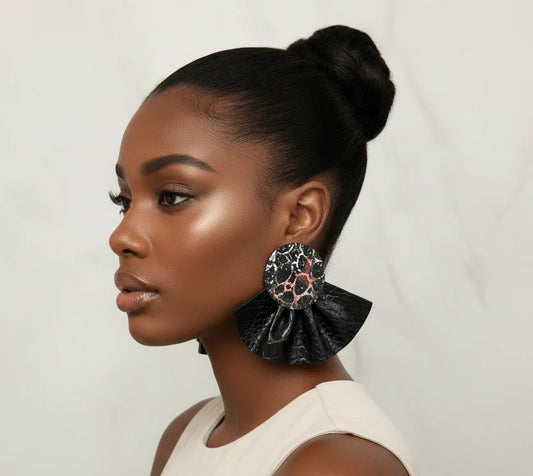 Black Ruffle Faux Leather Overdsized Earrings - Bold Statement Jewelry