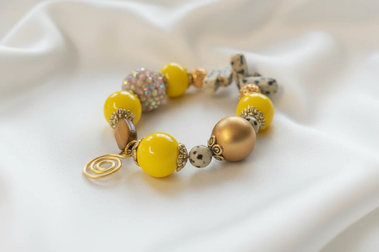 Yellow Rhinestone and Dalmatian Beaded Bracelet Set  - Boho Glam Statement Jewelry 