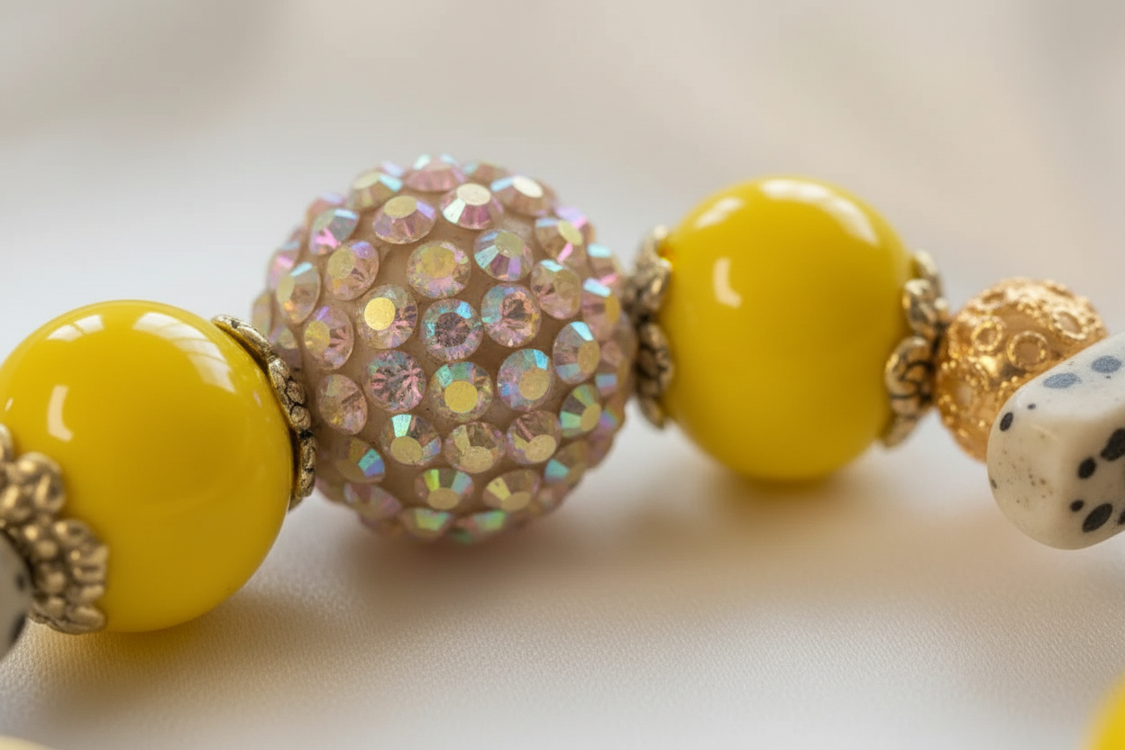 Yellow Rhinestone and Dalmatian Beaded Bracelet Set  - Boho Glam Statement Jewelry 