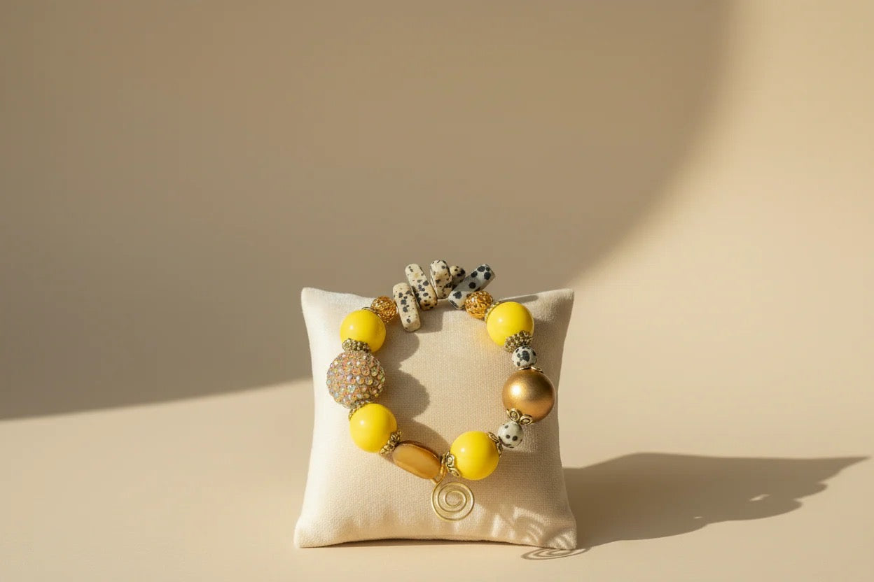 Yellow Rhinestone and Dalmatian Beaded Bracelet Set  - Boho Glam Statement Jewelry 