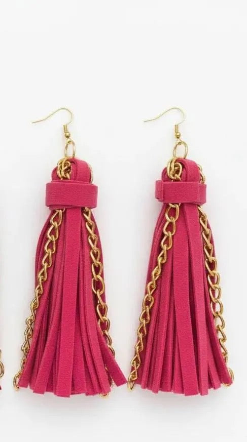 Suede Tassel Chain Earrings | Long Dangle Statement Earrings | Boho Fringe Earrings | Lightweight Bold Earrings | Handmade Jewelry