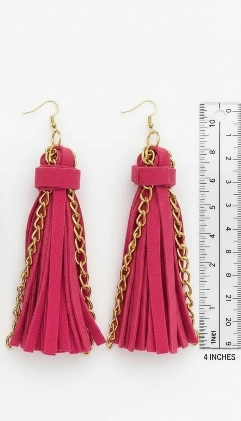 Suede Tassel Chain Earrings | Long Dangle Statement Earrings | Boho Fringe Earrings | Lightweight Bold Earrings | Handmade Jewelry