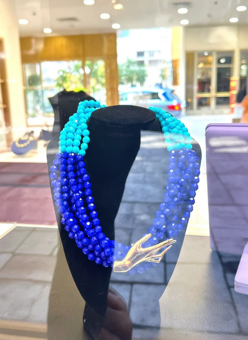 Bold Blue Multi-Strand Statement Necklace with Gold Hand Clasp – Handmade Beaded Choker –  Boho Art Jewelry