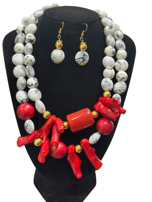 Red Coral Statement Necklace & Earrings Set – White Howlite Beads – Bold Chunky Handmade Jewelry – African Inspired Set