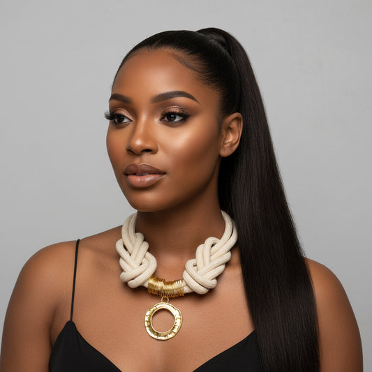 Necklace with braided design and gold pendant on a black model.