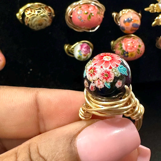 Black Japanese Floral Wire Wrapped Ring – Handmade Fixed Size Jewelry
