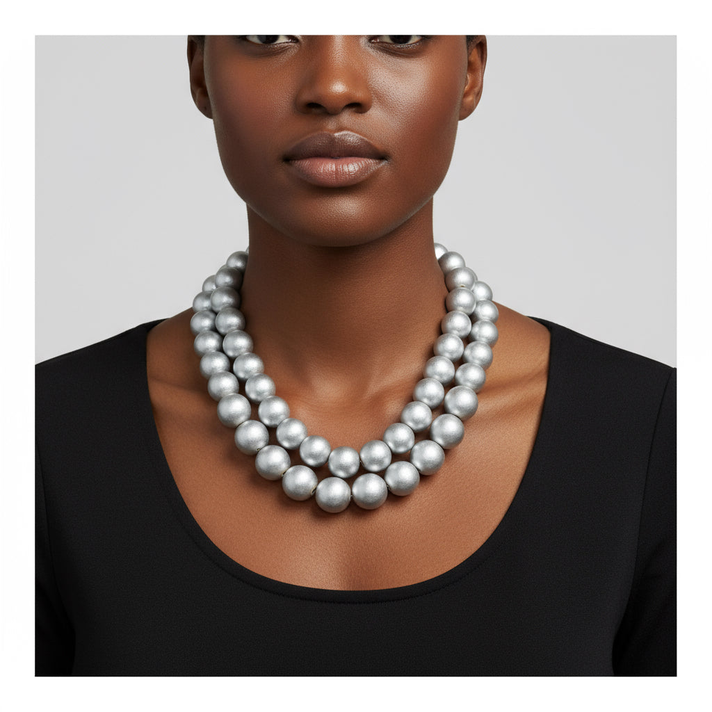 Silver Wood Beaded Necklace: Chunky Statement Jewelry, Gift for Women