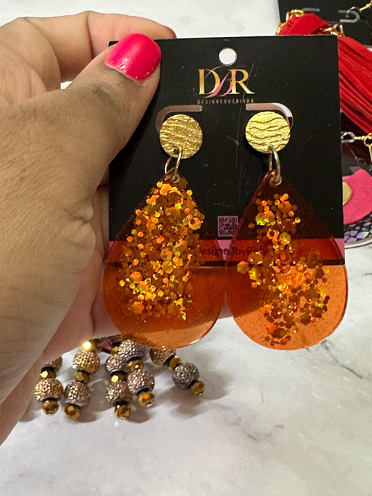 Burnt Orange Teardrop Resin Earrings – Glitter Drop Earrings with Gold Studs | Handmade Fall Statement Jewelry by DesignedByRisha