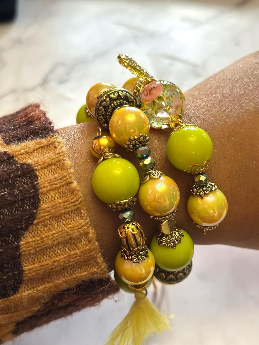 Green Gold Spring Wrapped Bracelets Stacked Mothers Day Easter Gift Gift for Her Gift Ideas Handmade Jewelry Bangle Beaded Bracelets Charms