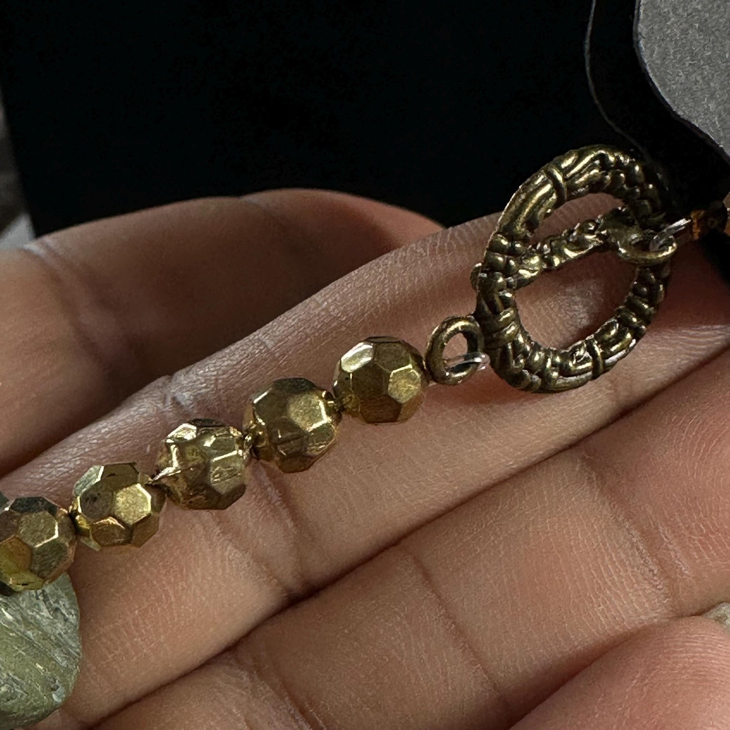 Green Coconut Shell Necklace: Chunky Wood Beads, Matte Gold Pendant