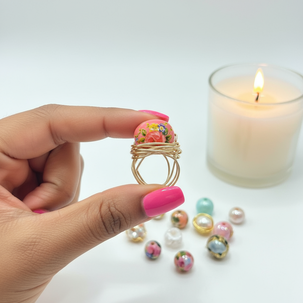 Peach Floral Bead Ring – Gold Wire Wrapped Egg-Shaped Statement Ring
