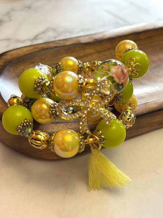 Green Gold Spring Wrapped Bracelets Stacked Mothers Day Easter Gift Gift for Her Gift Ideas Handmade Jewelry Bangle Beaded Bracelets Charms
