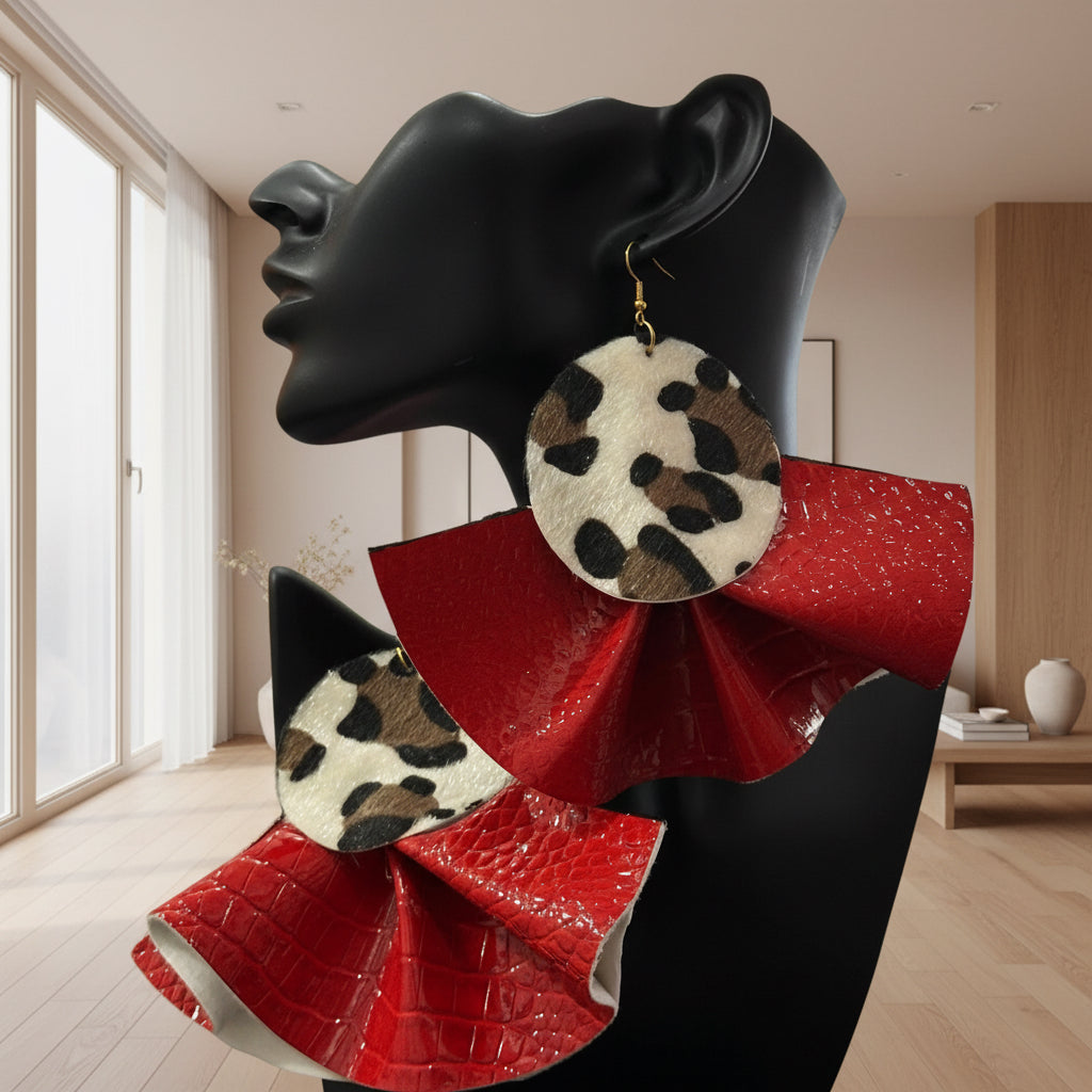 Leopard Suede and Red Croc Ruffle Leather Earrings - Stud Closure