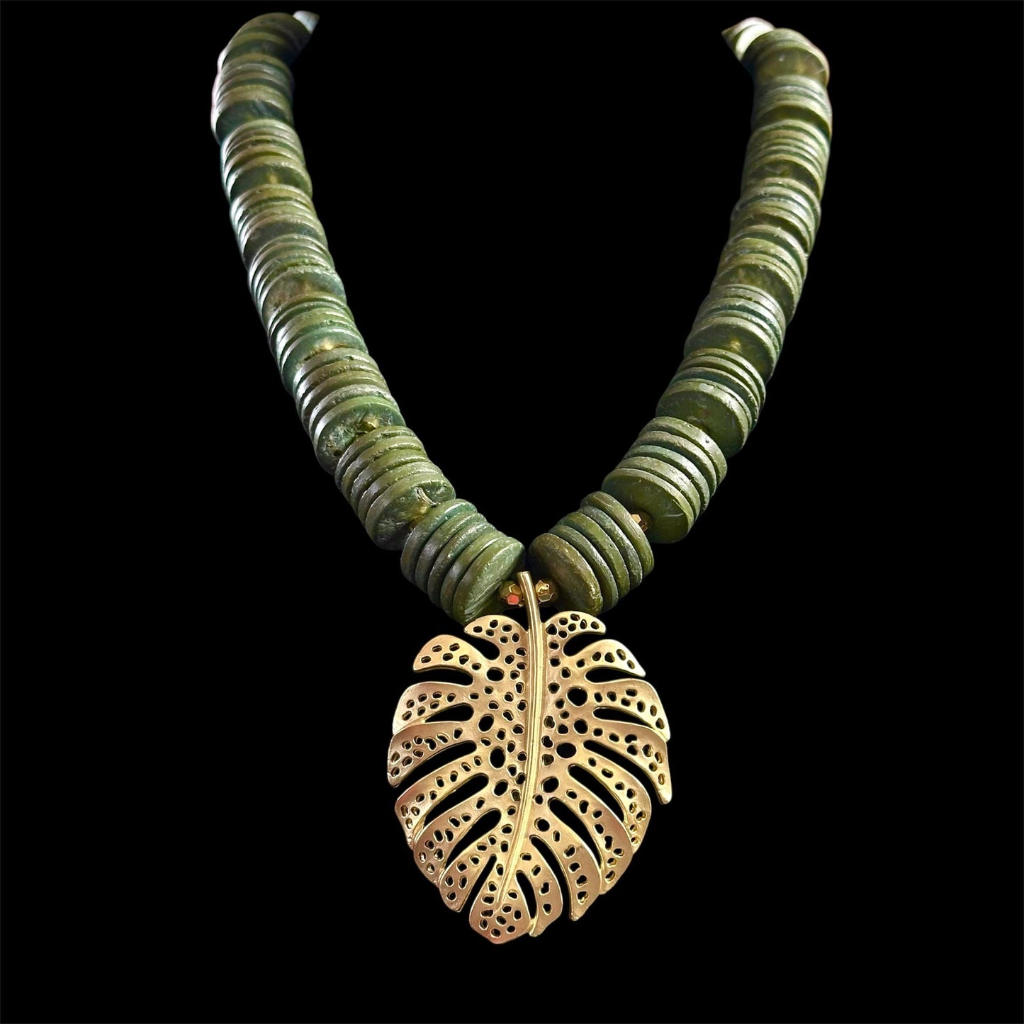 Green Coconut Shell Necklace: Chunky Wood Beads, Matte Gold Pendant